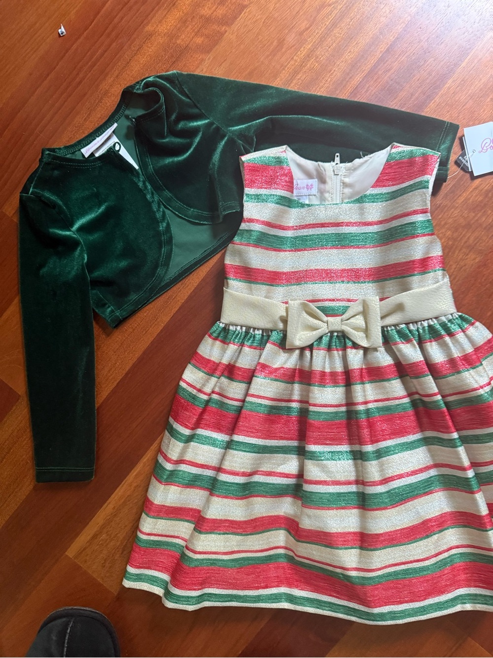 Bonnie Jean Green, Red, and Cream Striped Holiday Dress with Green Velvet Bolero